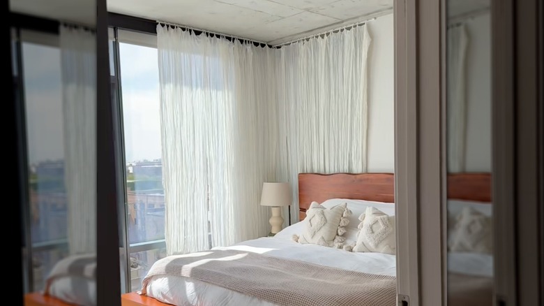 Modern bedroom with textured curtains made from tablerunners