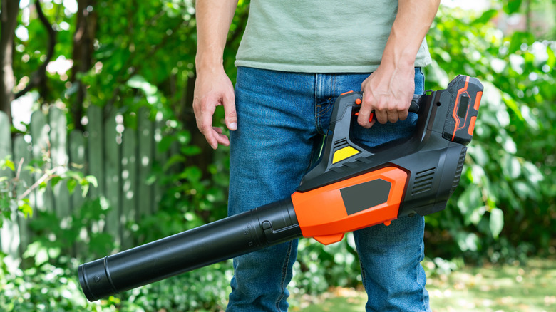 a person holding a large leaf blower