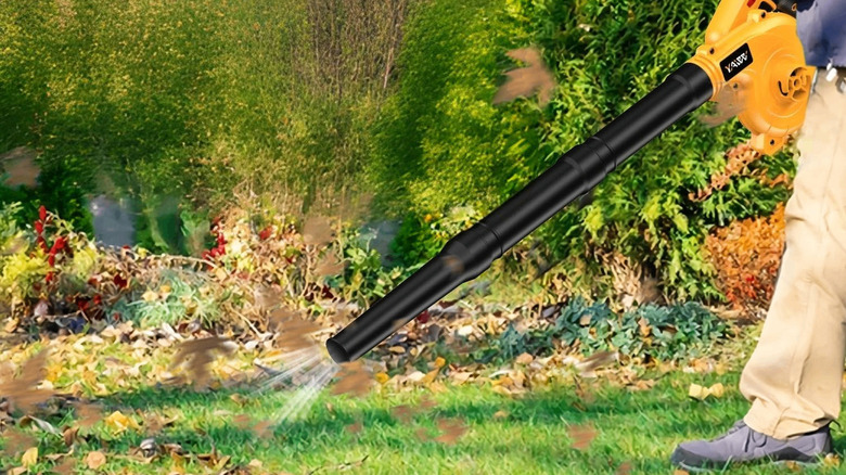 someone using the YAWV cordless leaf blower to blow leaves