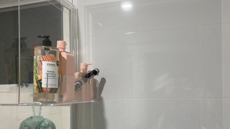A clear acrylic shower caddy hangs from a glass shower door, holding shower items.