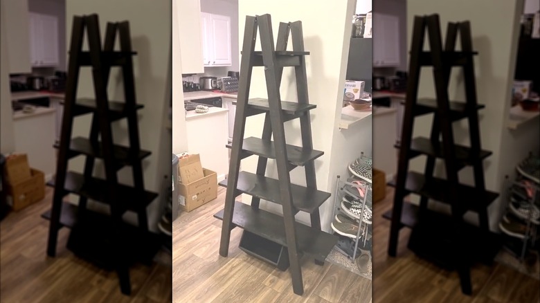 Homemade dark wood ladder-style shoe shelf in apartment foyer on wood floor