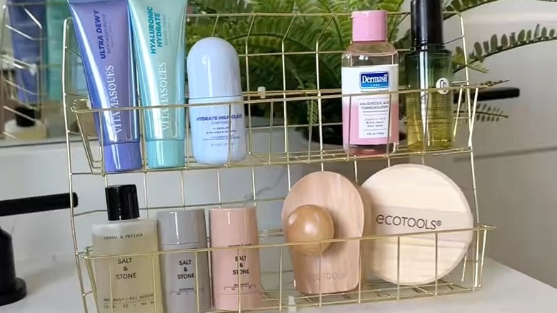 DIY Dollar Tree bathroom organizer rack holding assorted personal care items