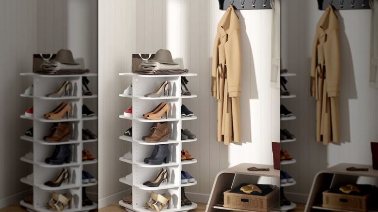 ClosetMaid vertical shoe rack filled next to a wall shelf with a coat and a bench