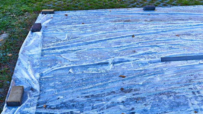 a plastic sheet is held down over a weedy lawn area using brick pavers.
