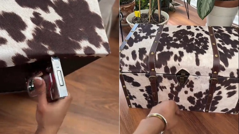 A person upholstering a trunk and the finished trunk covered in fabric with a cow hide print