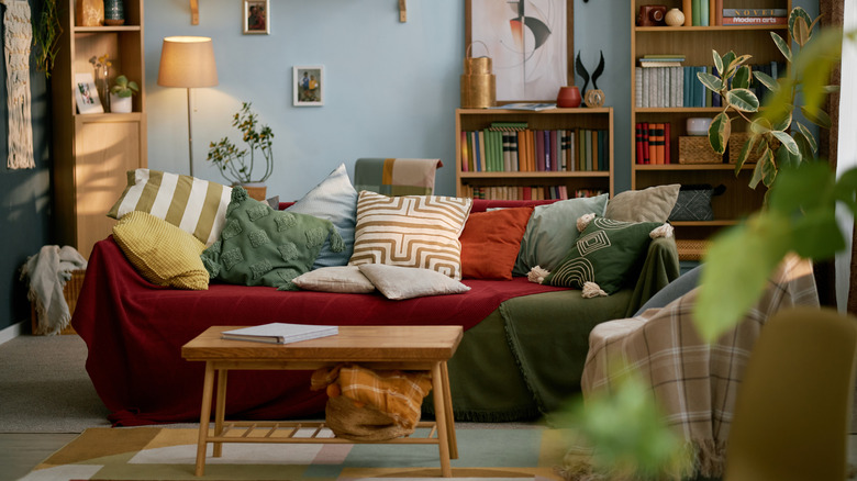 Cozy living room with blankets and pillows on couch and bookshelf in the background