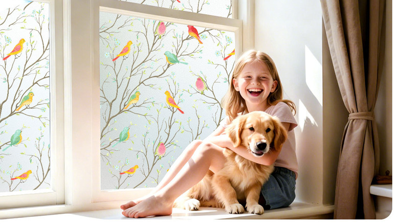girl with dog near window covered with decorative window film