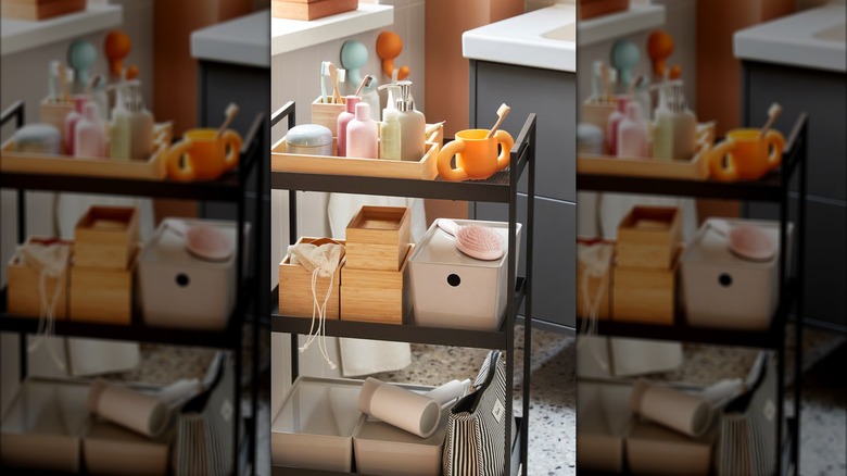 A black, three-tiered utility cart on castor wheels used to store bathroom products