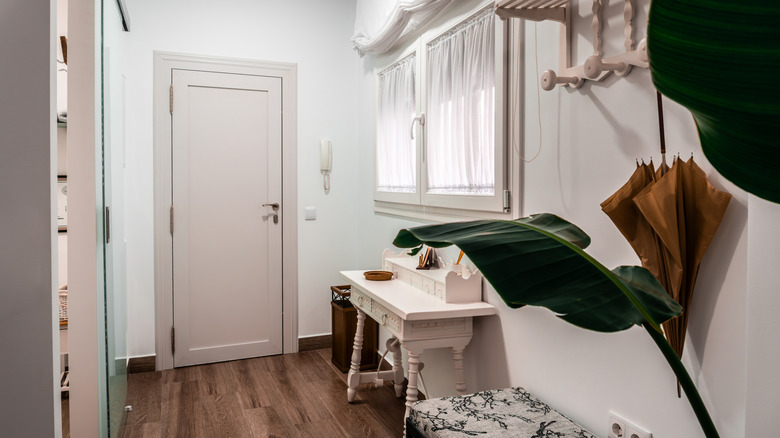 An apartment entryway with a bench, small dresser, plants, and a hook