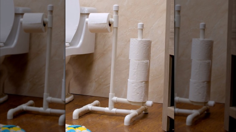 A DIY PVC pipe toilet paper holder offers a unique storage idea.