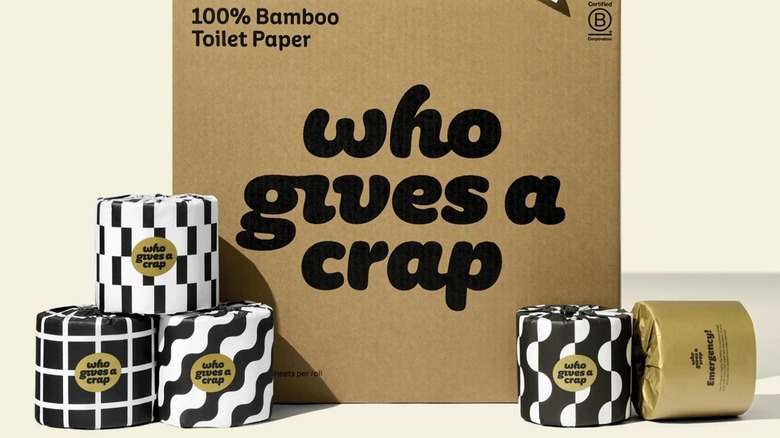 Box of who gives a crap bamboo toilet paper with wrapped rolls in front