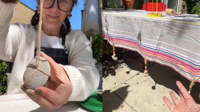 A split view of a woman tying thread around a rock and pretty weights holding a tablecloth down