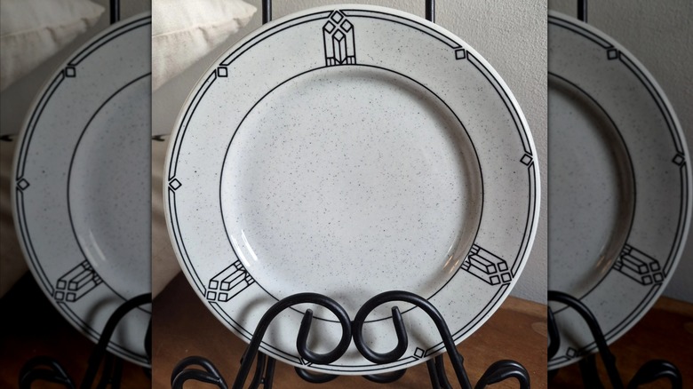 Black and white patterned plate made by Buffalo Pottery