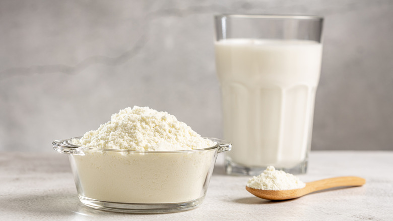 Powdered milk and glass of milk in shot