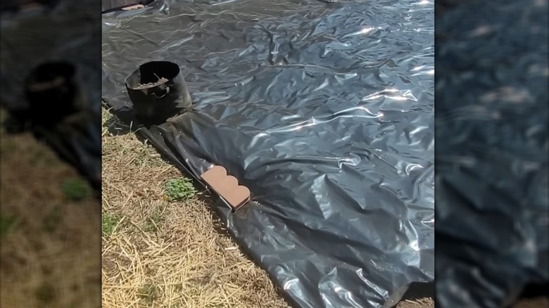 A black tarp as occultation method with bricks and bags of soil.