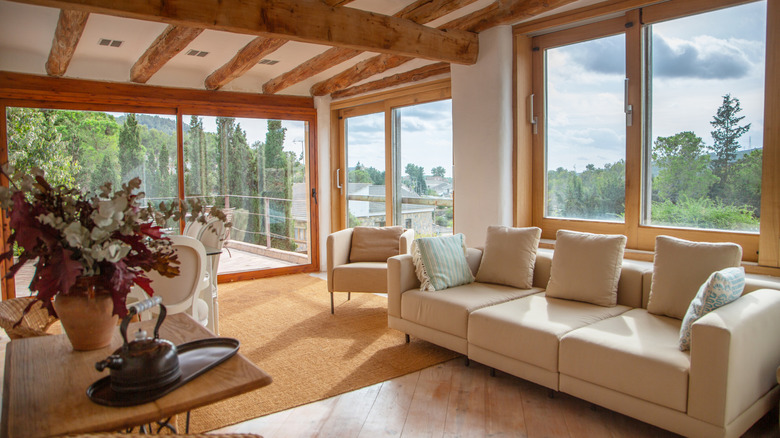 A spacious living room with a farmhouse design