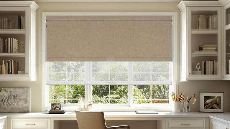 A double roller shade installed covering a large window in a home library