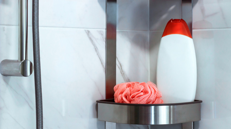 Bottle and loofah on a shelf in a shower