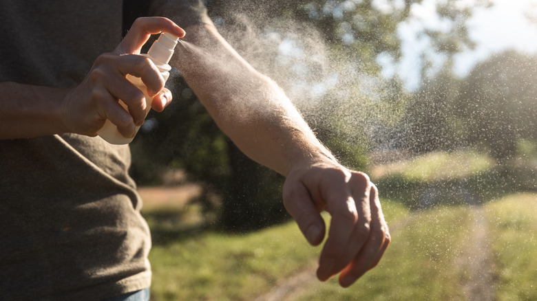 person spraying bug repellent onto arm