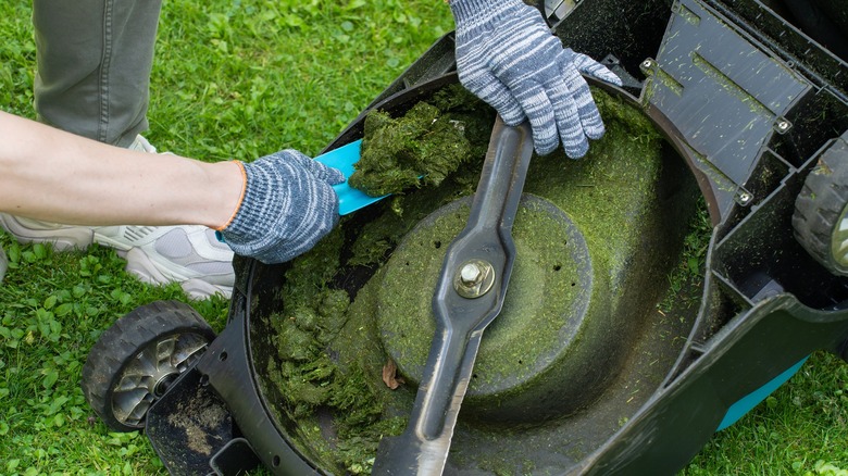 Person with gloves cleaning lawn mower with a trowel