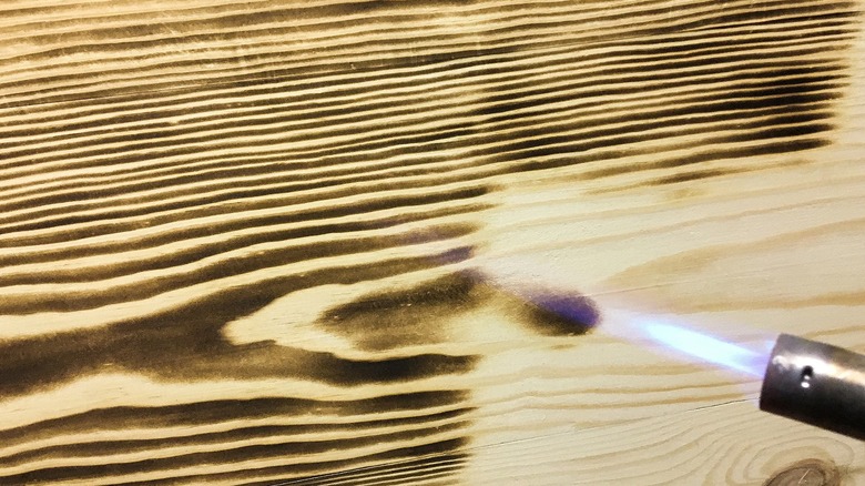Head of a torch with a flame charring a piece of wood