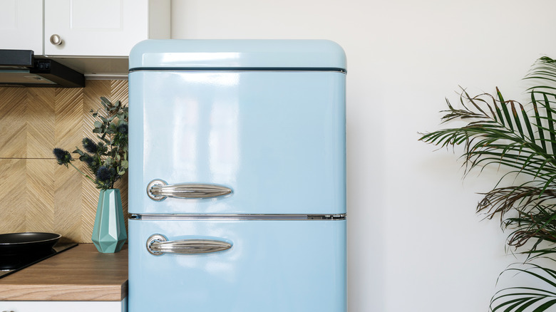 a retro baby blue fridge in a contemporary kitchen