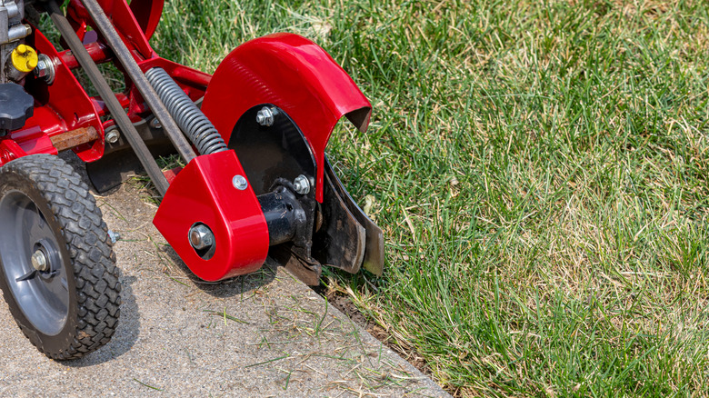 Person using red gas-powered edger to landscape their yard
