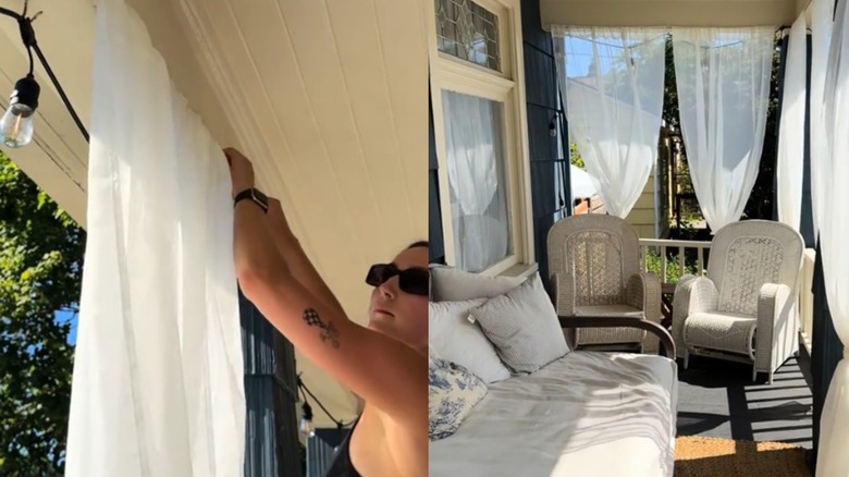 Side by side photos of a woman hanging gauzy curtains on her porch and the finished curtains hanging along the edge of the porch.