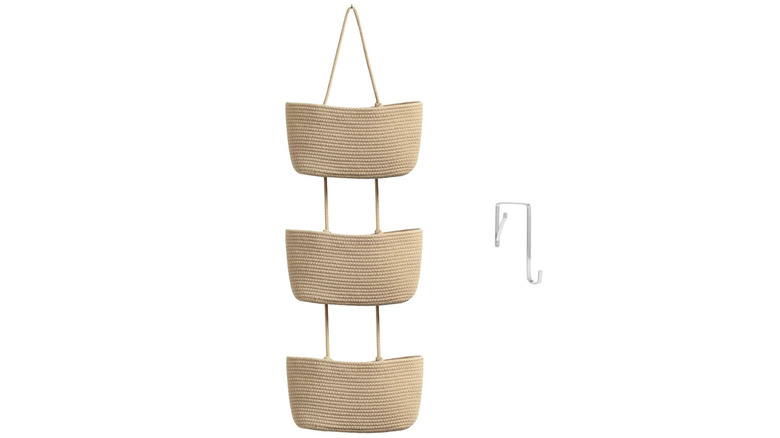 three-tiered jute basket and hanging hook