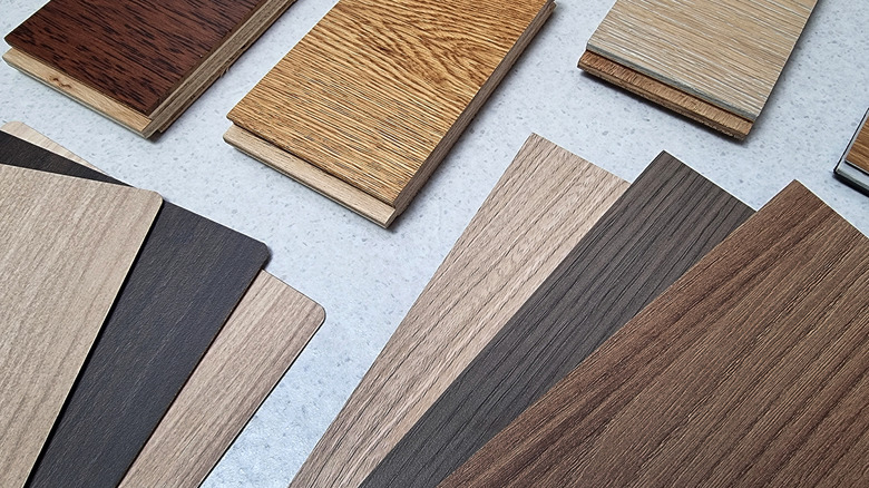 Flooring samples, including engineered hardwood