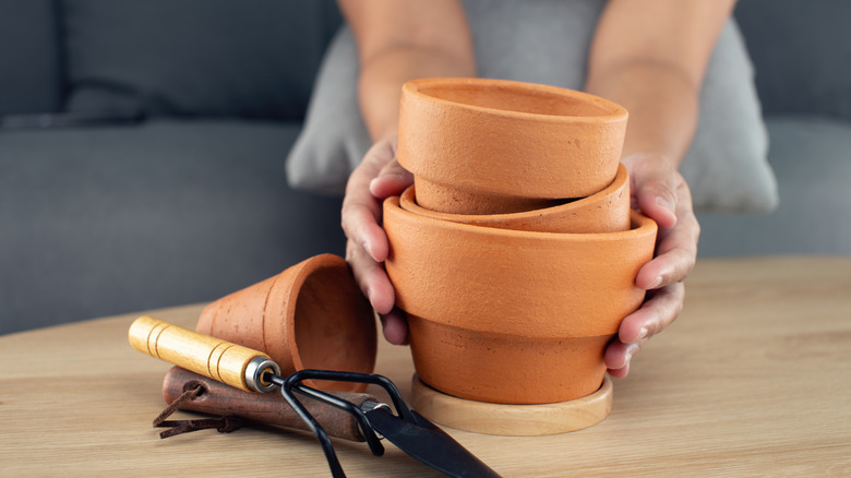 A person holding empty terra-cotta pots on a table