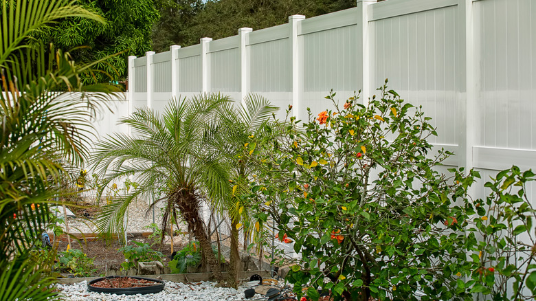 White vinyl privacy fence in a back yard garden area