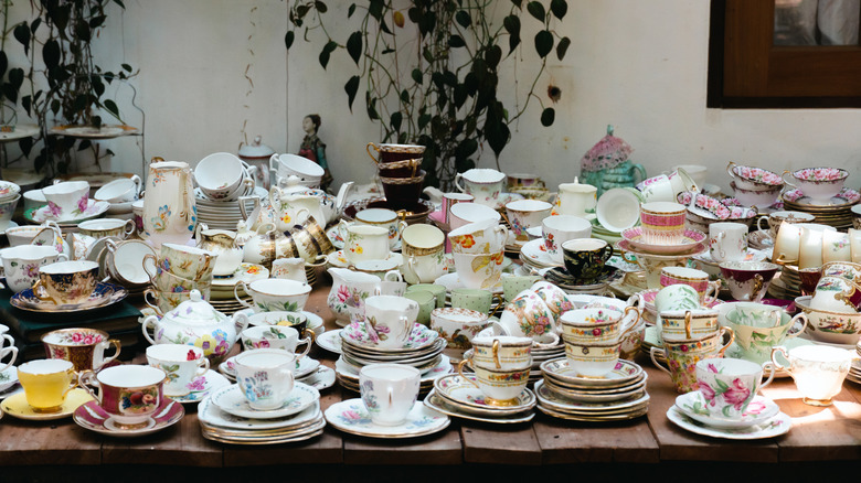Vintage teacups and china on a table