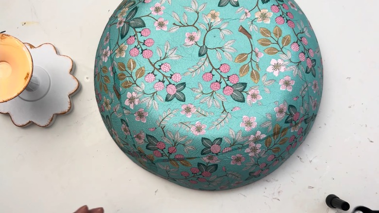 Frying pan with floral pattern and painted candle pedestal stand for DIY project
