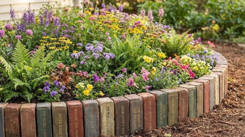 Old patio pavers painted to look like books, edging a flower bed