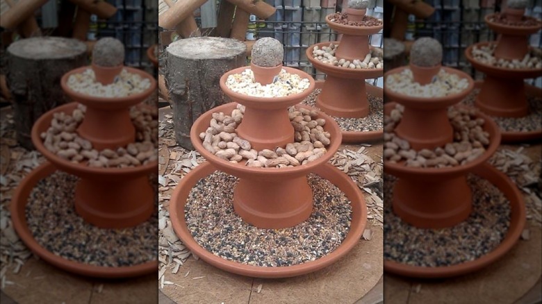 Multi-tiered bird feeder made from pots and saucers