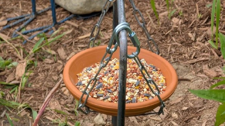 DIY bird feeder made from pot saucer and metal supplies