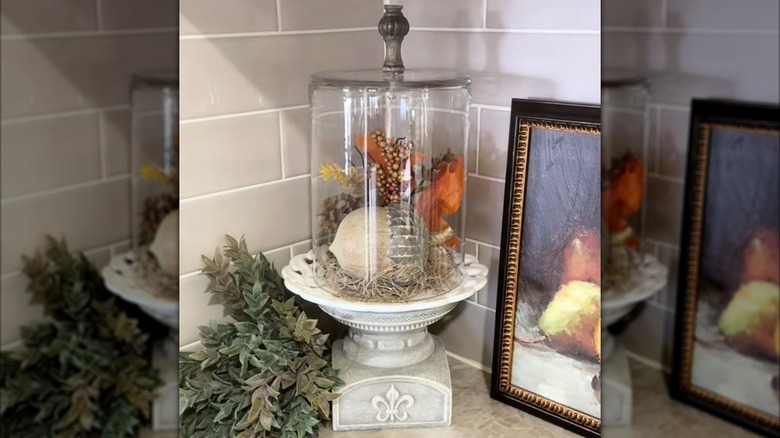 Glass cloche over autumnal countertop decor