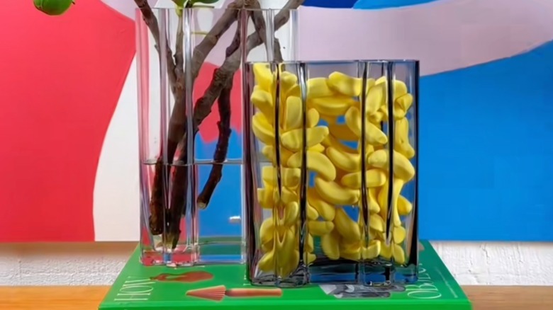 Gummy banana candies in a  clear glass vase