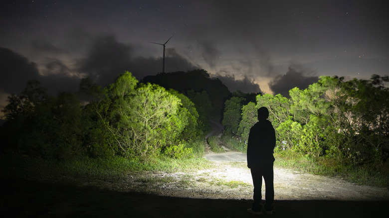 Olight ArkPro flashlight lighting a pathway at night