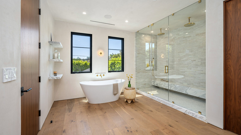Wood flooring in a bathroom