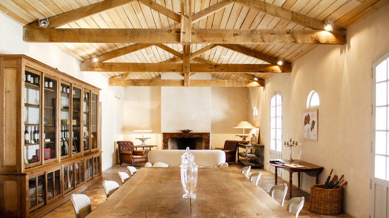dining room with exposed beams