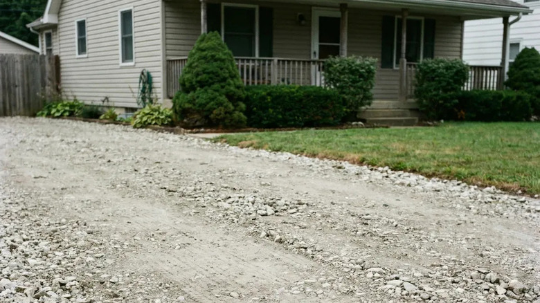 A crushed concrete driveway next to a house