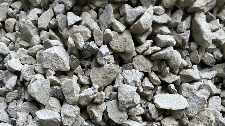A close-up of crushed limestone gravel
