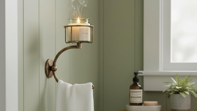 vintage-inspired brass candle holder with towel hook below