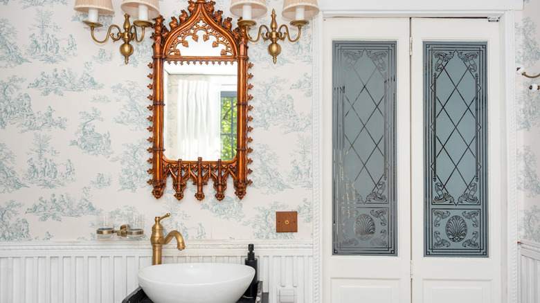 vintage bathroom with double doors with inset etched privacy glass decorative panels
