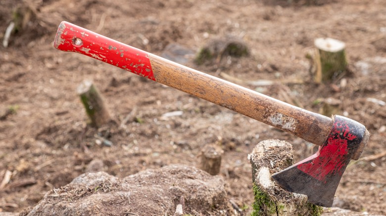 an axe handle painted red