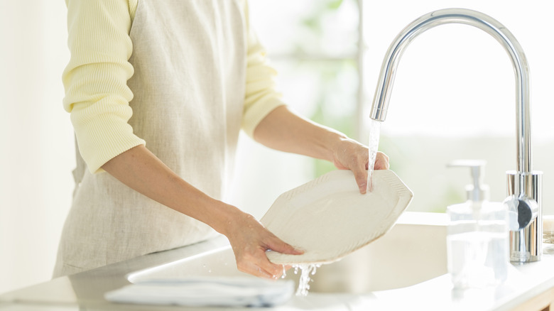 A woman hand washing a plate in her kitchen sink.