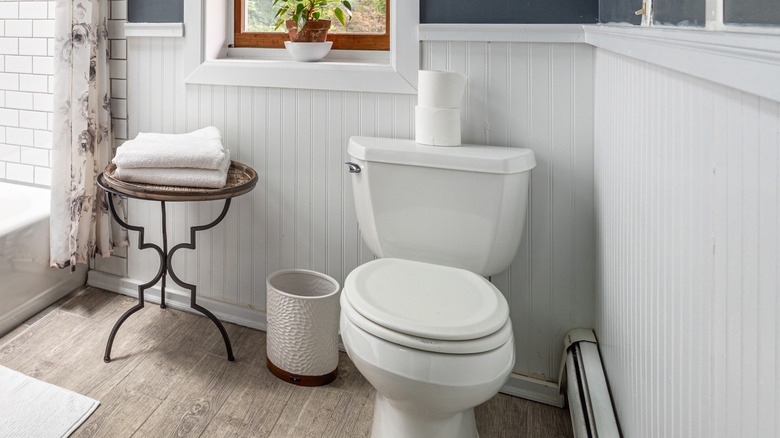 Beadboard with trim installed behind a toilet in a farmhouse-style bathroom.