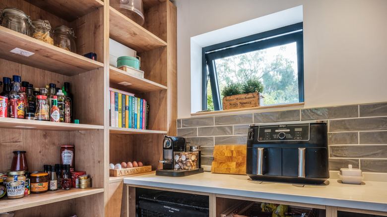 Organized pantry with open shelving and counter for appliances